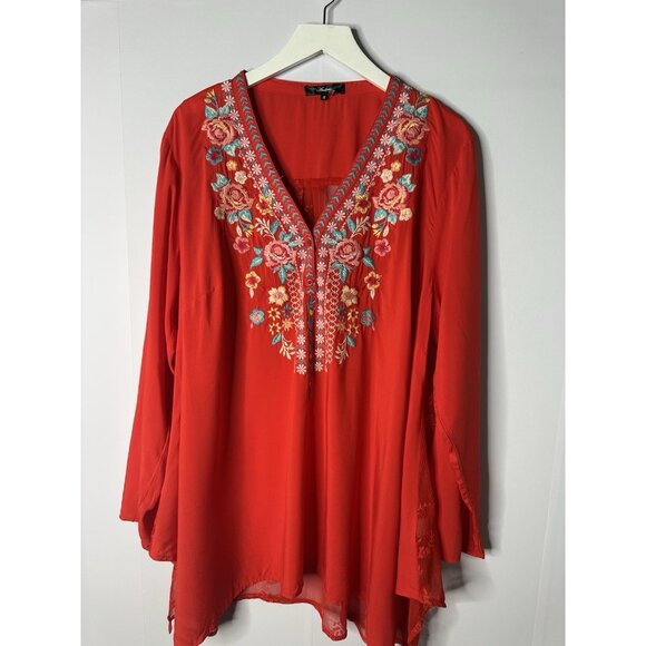 Andree by Unit Sz 1x V-Neck Top Roll Tab Red Embroidered Lace Boho Flowy - Picture 1 of 13
